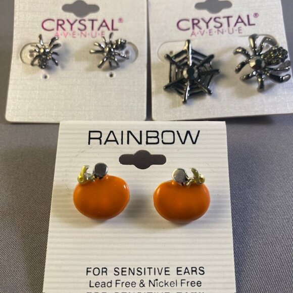 Halloween Earrings Lot of 3 Pumpkins, Spiders, Web from Crystal Avenue & Rainbow - Picture 1 of 8